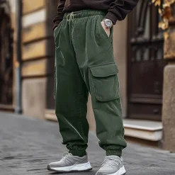 OUKU Men's Cargo Pants Corduroy Pants Trousers Jogger Pants Drawstring Elastic Waist Multi Pocket Plain Comfort Warm Full Length Outdoor Casual Daily Fashion Streetwear Black Blue