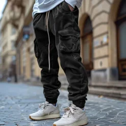New OUKU Men's Cargo Pants Corduroy Pants Trousers Casual Pants Jogger Pants Drawstring Elastic Waist Multi Pocket Plain Comfort Warm Full Length Outdoor Casual Daily Fashion Streetwear Black Blue