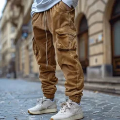 New OUKU Men's Cargo Pants Corduroy Pants Trousers Casual Pants Jogger Pants Drawstring Elastic Waist Multi Pocket Plain Comfort Warm Full Length Outdoor Casual Daily Fashion Streetwear Black Blue