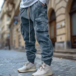 New OUKU Men's Cargo Pants Corduroy Pants Trousers Casual Pants Jogger Pants Drawstring Elastic Waist Multi Pocket Plain Comfort Warm Full Length Outdoor Casual Daily Fashion Streetwear Black Blue