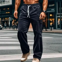 Outlet OUKU Men's Cargo Pants Corduroy Pants Trousers Baggy Pants Casual Pants Drawstring Elastic Waist Multi Pocket Plain Comfort Soft Full Length Outdoor Daily Going out Fashion Streetwear Navy Blue Brown