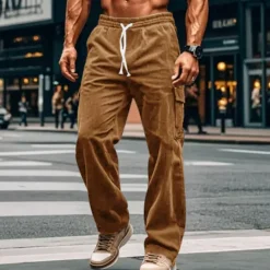 Outlet OUKU Men's Cargo Pants Corduroy Pants Trousers Baggy Pants Casual Pants Drawstring Elastic Waist Multi Pocket Plain Comfort Soft Full Length Outdoor Daily Going out Fashion Streetwear Navy Blue Brown