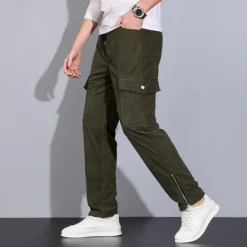Best OUKU Men's Cargo Pants Corduroy Pants Trousers Elastic Waist Multi Pocket Zip Leg Plain Wearable Outdoor Daily Camping & Hiking Fashion Classic Black Army Green