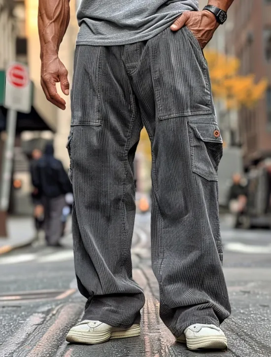 Sale OUKU Men's Cargo Pants Corduroy Pants Trousers Casual Pants Pocket Elastic Waist Multi Pocket Plain Comfort Soft Full Length Outdoor Daily Going out Fashion Streetwear Black Brown Micro-elastic