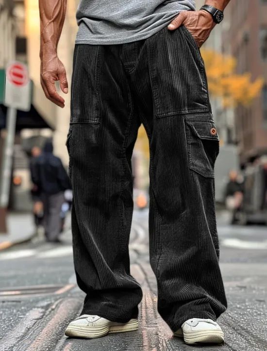 Sale OUKU Men's Cargo Pants Corduroy Pants Trousers Casual Pants Pocket Elastic Waist Multi Pocket Plain Comfort Soft Full Length Outdoor Daily Going out Fashion Streetwear Black Brown Micro-elastic