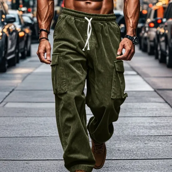Hot OUKU Men's Cargo Pants Corduroy Pants Tactical Pants Trousers Elastic Waist Drawstring Multi Pocket Plain Wearable Outdoor Daily Camping & Hiking Fashion Classic Black Army Green