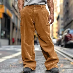 Online OUKU Men's Cargo Pants Corduroy Pants Trousers Baggy Pants Casual Pants Pocket Elastic Waist Straight Leg Plain Comfort Soft Full Length Outdoor Daily Going out Fashion Streetwear Army Green Brown