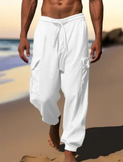 Outlet OUKU Men's Cargo Pants Joggers Linen Pants Trousers Summer Pants Drawstring Elastic Waist Multi Pocket Plain Comfort Breathable Casual Daily Holiday Fashion Classic Style Black White