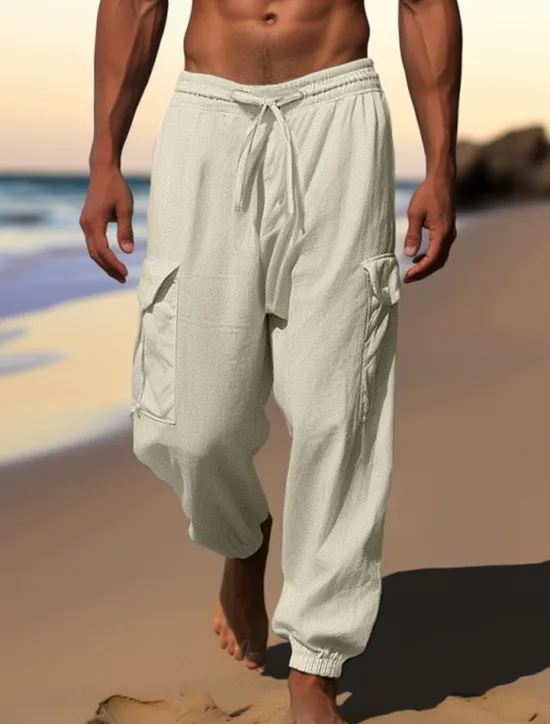 Outlet OUKU Men's Cargo Pants Joggers Linen Pants Trousers Summer Pants Drawstring Elastic Waist Multi Pocket Plain Comfort Breathable Casual Daily Holiday Fashion Classic Style Black White
