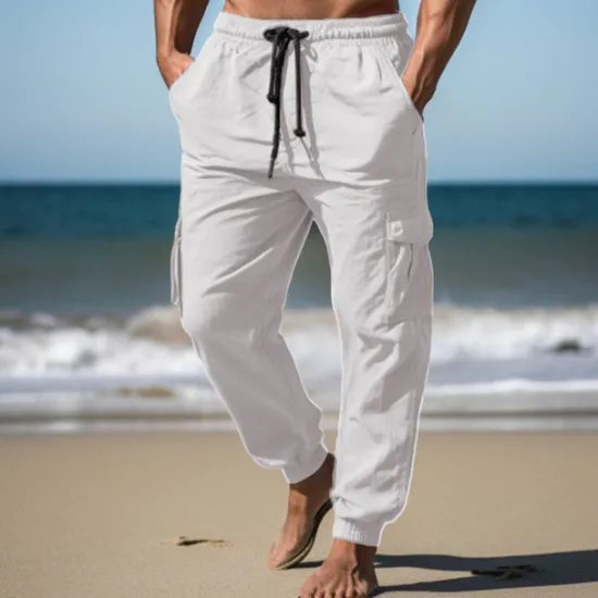 Best OUKU Men's Cargo Pants Joggers Linen Pants Trousers Summer Pants Drawstring Elastic Waist Multi Pocket Plain Comfort Breathable Outdoor Daily Going out Fashion Casual Black White