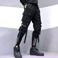 Hot OUKU Men's Cargo Pants Joggers Techwear Drawstring Elastic Waist Multi Pocket Graphic Letter Comfort Wearable Casual Daily Holiday Sports Fashion Black
