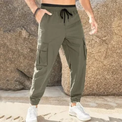 New OUKU Men's Cargo Pants Joggers Trousers Casual Pants Drawstring Elastic Waist Multi Pocket Plain Comfort Soft Full Length Outdoor Daily Running Fashion Streetwear Black Green