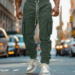 Outlet OUKU Men's Cargo Pants Joggers Corduroy Pants Trousers Casual Pants Pocket Elastic Waist Multi Pocket Plain Comfort Soft Full Length Outdoor Daily Going out Fashion Streetwear Black Blue Micro-elastic