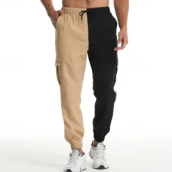 OUKU Men's Cargo Pants Joggers Trousers Drawstring Elastic Waist Multi Pocket Color Block Wearable Outdoor Daily Camping & Hiking Fashion Classic Army Green Khaki