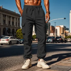 OUKU Men's Cargo Pants Joggers Cargo Joggers Trousers Drawstring Elastic Waist Multi Pocket Plain Breathable Outdoor Daily Camping & Hiking Fashion Classic Black White