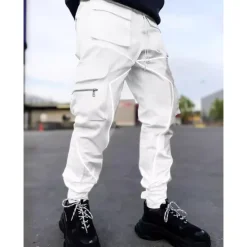 New OUKU Men's Cargo Pants Trousers Casual Pants Drawstring Multi Pocket Reflective Strip Plain Comfort Soft Full Length Outdoor Daily Going out Fashion Streetwear Black White Micro-elastic