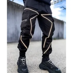 New OUKU Men's Cargo Pants Trousers Casual Pants Drawstring Multi Pocket Reflective Strip Plain Comfort Soft Full Length Outdoor Daily Going out Fashion Streetwear Black White Micro-elastic