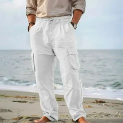 Hot OUKU Men's Cargo Pants Trousers Summer Pants Beach Pants Drawstring Elastic Waist Multi Pocket Plain Comfort Breathable Outdoor Daily Going out Fashion Casual Black White