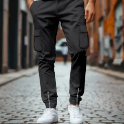 Hot OUKU Men's Cargo Pants Trousers Chinos Casual Pants Zipper Cargo Pocket Plain Comfort Breathable Full Length Casual Daily Holiday Fashion Basic Black White Micro-elastic