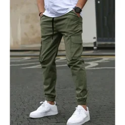 Clearance OUKU Men's Cargo Pants Trousers Elastic Waist Multi Pocket Plain Wearable Outdoor Daily Casual Dark Brown Black
