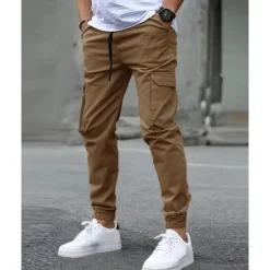 Clearance OUKU Men's Cargo Pants Trousers Elastic Waist Multi Pocket Plain Wearable Outdoor Daily Casual Dark Brown Black
