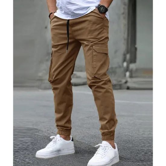 Clearance OUKU Men's Cargo Pants Trousers Elastic Waist Multi Pocket Plain Wearable Outdoor Daily Casual Dark Brown Black