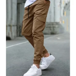 Clearance OUKU Men's Cargo Pants Trousers Elastic Waist Multi Pocket Plain Wearable Outdoor Daily Casual Dark Brown Black