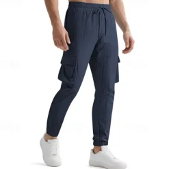 OUKU Men's Cargo Pants Trousers Casual Pants Drawstring Elastic Waist Multi Pocket Plain Comfort Sports Outdoor Daily Fashion Casual Black White Micro-elastic
