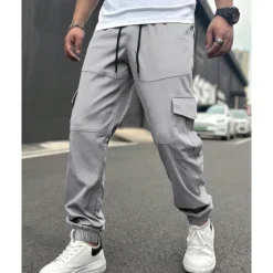 Clearance OUKU Men's Cargo Pants Trousers Drawstring Elastic Waist Multi Pocket Plain Wearable Outdoor Daily Camping & Hiking Fashion Classic Black Army Green