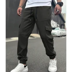 Clearance OUKU Men's Cargo Pants Trousers Drawstring Elastic Waist Multi Pocket Plain Wearable Outdoor Daily Camping & Hiking Fashion Classic Black Army Green