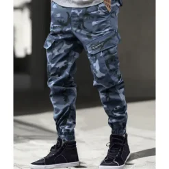 Clearance OUKU Men's Cargo Pants Trousers Camo Pants Elastic Waist Drawstring Multi Pocket Camouflage Wearable Outdoor Daily Camping & Hiking Fashion Classic Blue Green