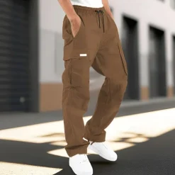 Clearance OUKU Men's Cargo Pants Trousers Drawstring Elastic Waist Multi Pocket Plain Wearable Outdoor Daily Camping & Hiking Fashion Classic Dark Brown Lake blue