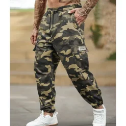 New OUKU Men's Cargo Pants Trousers Drawstring Elastic Waist Multi Pocket Camo Camouflage Wearable Outdoor Daily Camping & Hiking Fashion Classic Green Khaki
