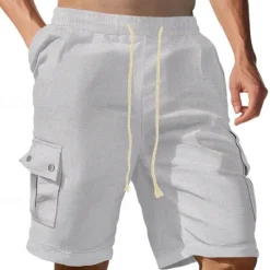 Sale OUKU Men's Cargo Shorts Linen Shorts Summer Shorts Beach Shorts Drawstring Elastic Waist Multi Pocket Plain Comfort Breathable Knee Length Outdoor Work Daily Classic Style Casual Black White