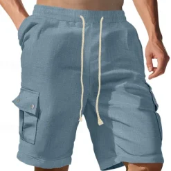 Sale OUKU Men's Cargo Shorts Linen Shorts Summer Shorts Beach Shorts Drawstring Elastic Waist Multi Pocket Plain Comfort Breathable Knee Length Outdoor Work Daily Classic Style Casual Black White