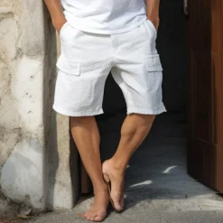 Hot OUKU Men's Cargo Shorts Shorts Linen Shorts Summer Shorts Buttons Multi Pocket Plain Comfort Breathable Short Casual Daily Holiday Fashion Classic Style White Navy Blue