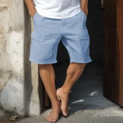 Hot OUKU Men's Cargo Shorts Shorts Linen Shorts Summer Shorts Buttons Multi Pocket Plain Comfort Breathable Short Casual Daily Holiday Fashion Classic Style White Navy Blue