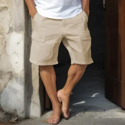 Hot OUKU Men's Cargo Shorts Shorts Linen Shorts Summer Shorts Buttons Multi Pocket Plain Comfort Breathable Short Casual Daily Holiday Fashion Classic Style White Navy Blue