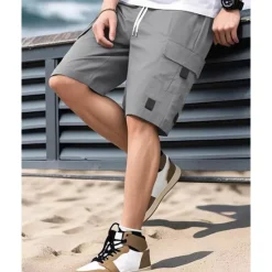 OUKU Men's Cargo Shorts Shorts Summer Shorts Drawstring Elastic Waist Multi Pocket Plain Comfort Wearable Knee Length Outdoor Sport Daily Fashion Casual Black Navy Blue