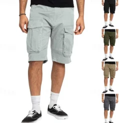Sale OUKU Men's Cargo Shorts Shorts Summer Shorts Drawstring Elastic Waist Multi Pocket Plain Comfort Wearable Knee Length Outdoor Sport Daily Fashion Casual Black Khaki