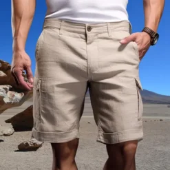New OUKU Men's Cargo Shorts Shorts Linen Shorts Summer Shorts Pocket Plain Comfort Breathable Outdoor Daily Going out Fashion Casual White Sky Blue