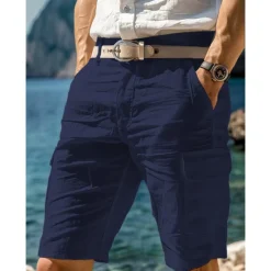 New OUKU Men's Cargo Shorts Shorts Linen Shorts Summer Shorts Beach Shorts Multi Pocket Straight Leg Plain Comfort Breathable Knee Length Casual Daily Holiday Fashion Designer White Navy Blue