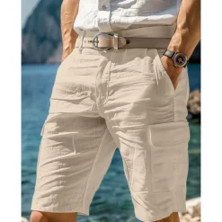 New OUKU Men's Cargo Shorts Shorts Linen Shorts Summer Shorts Beach Shorts Multi Pocket Straight Leg Plain Comfort Breathable Knee Length Casual Daily Holiday Fashion Designer White Navy Blue