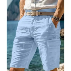 New OUKU Men's Cargo Shorts Shorts Linen Shorts Summer Shorts Beach Shorts Multi Pocket Straight Leg Plain Comfort Breathable Knee Length Casual Daily Holiday Fashion Designer White Navy Blue