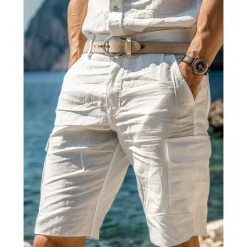 New OUKU Men's Cargo Shorts Shorts Linen Shorts Summer Shorts Beach Shorts Multi Pocket Straight Leg Plain Comfort Breathable Knee Length Casual Daily Holiday Fashion Designer White Navy Blue