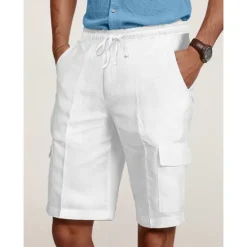 Online OUKU Men's Cargo Shorts Shorts Linen Shorts Summer Shorts Beach Shorts Drawstring Elastic Waist Multi Pocket Plain Knee Length Outdoor Casual Daily Vacation Casual Black White Inelastic