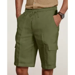 Online OUKU Men's Cargo Shorts Shorts Linen Shorts Summer Shorts Beach Shorts Drawstring Elastic Waist Multi Pocket Plain Knee Length Outdoor Casual Daily Vacation Casual Black White Inelastic