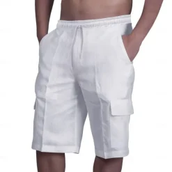 Sale OUKU Men's Cargo Shorts Shorts Linen Shorts Summer Shorts Beach Shorts Drawstring Elastic Waist Multi Pocket Plain Knee Length Beach Hawaiian Casual Black White Inelastic