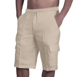 Sale OUKU Men's Cargo Shorts Shorts Linen Shorts Summer Shorts Beach Shorts Drawstring Elastic Waist Multi Pocket Plain Knee Length Beach Hawaiian Casual Black White Inelastic