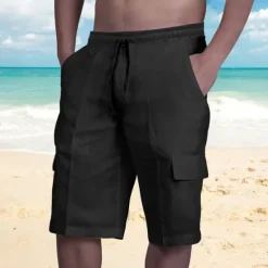 Sale OUKU Men's Cargo Shorts Shorts Linen Shorts Summer Shorts Beach Shorts Drawstring Elastic Waist Multi Pocket Plain Knee Length Beach Hawaiian Casual Black White Inelastic